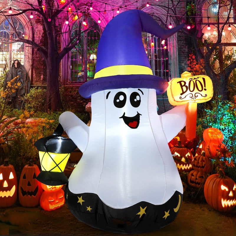 GOOSH 5 FT Halloween Inflatables Ghost Outdoor Decorations Blow Up Yard Cute Wizard Ghost with Hand-Held Light with Built-in LEDs for Garden Lawn Indoor Party Decor - Image 1